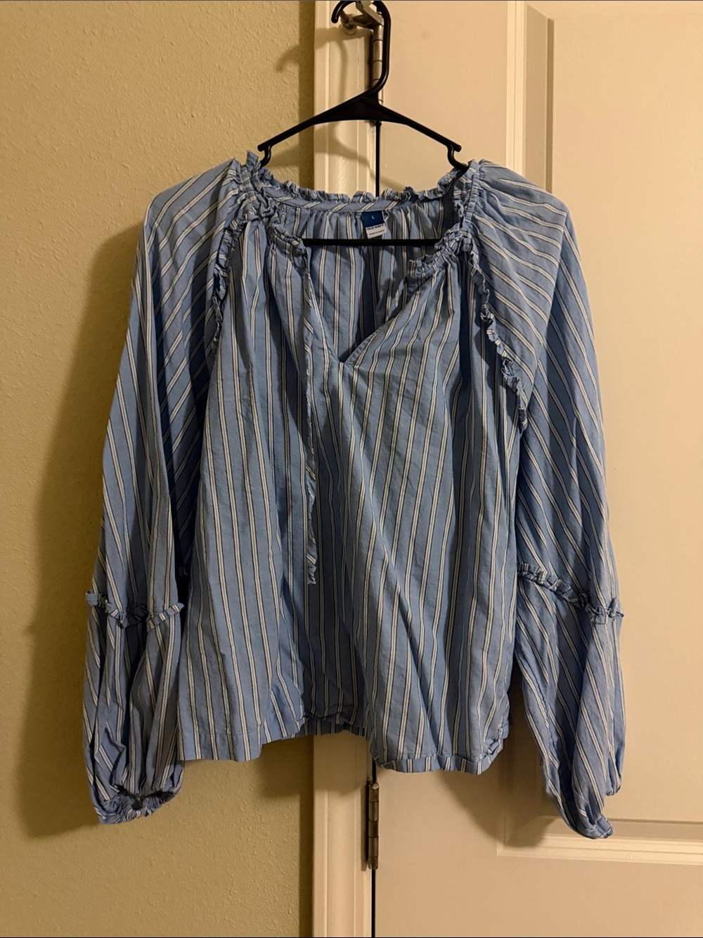 Old Navy Light Blue and White Striped Peasant Blouse